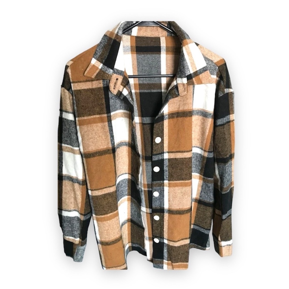 New Bohemian Casual Khaki Soft Collard Plaid Print Button Front Blouse Large - Picture 10 of 11